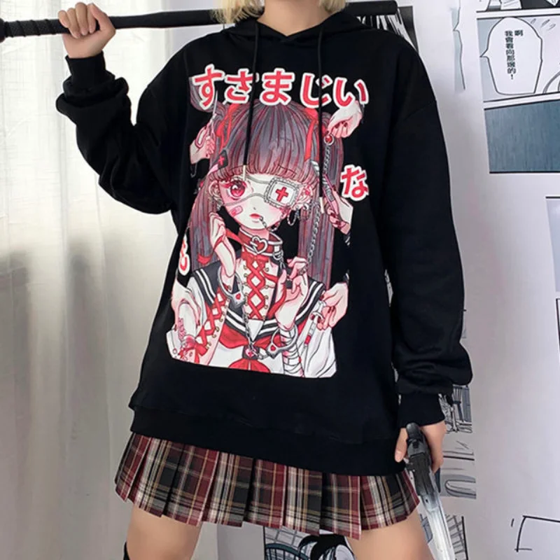

HOUZHOU Anime Print Hoodie 2021 Autumn Women Fashion Oversize Goth Hooded Sweatshirts Women Harajuku Aesthetic Long Sleeve Tops