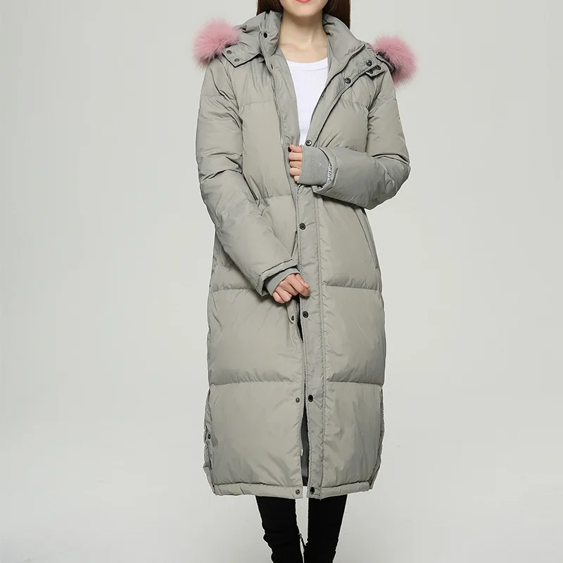 

Женский длинный пуховик с капюшоном, розовая парка на утином пуху с меховым воротником, ветрозащитное пальто в Корейском стиле, зима 90%