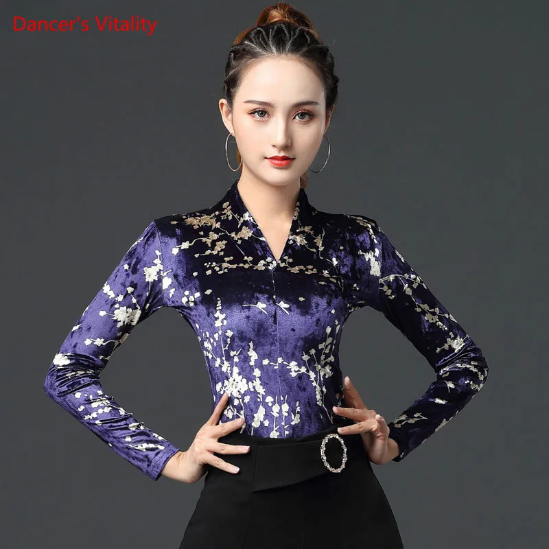 

Latin Dance Top V-neck shirt Long Sleeve Practice clothes Female Adult Temperament Ballroom Dancing Performance Clothing