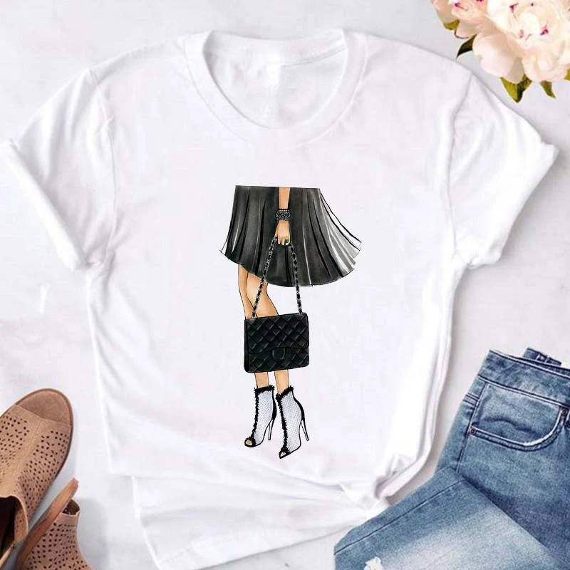 

Women Casual Slim White T-shirt Short Sleeve Tops Fashion Streetwear Tshirt New Harajuku Pretty Lady Images Printed T Shirts