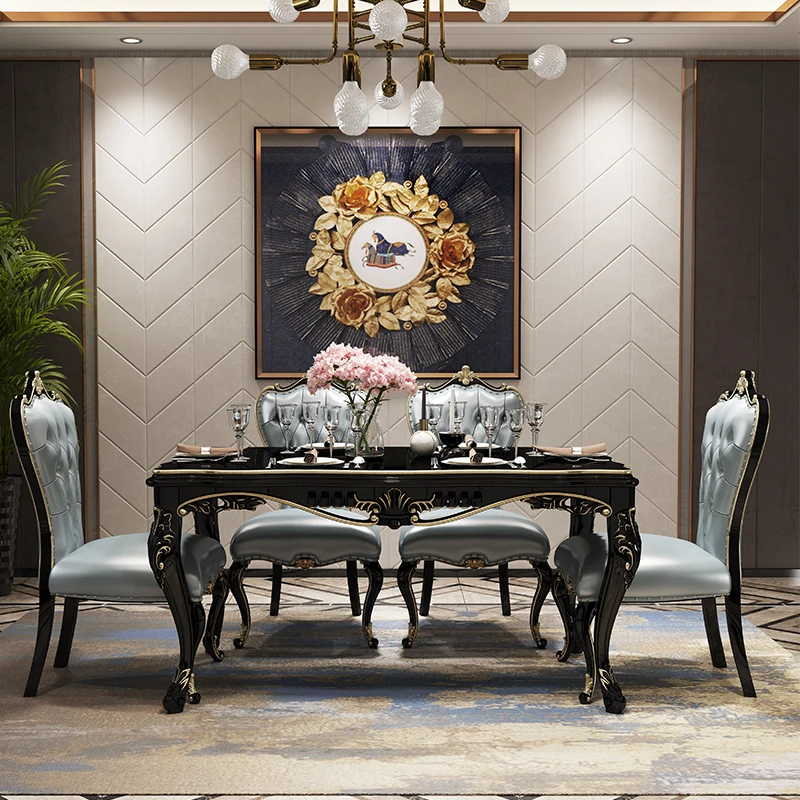 Обеденный стол и стулья из черного массива дерева Прямоугольный мрамора на 4/6