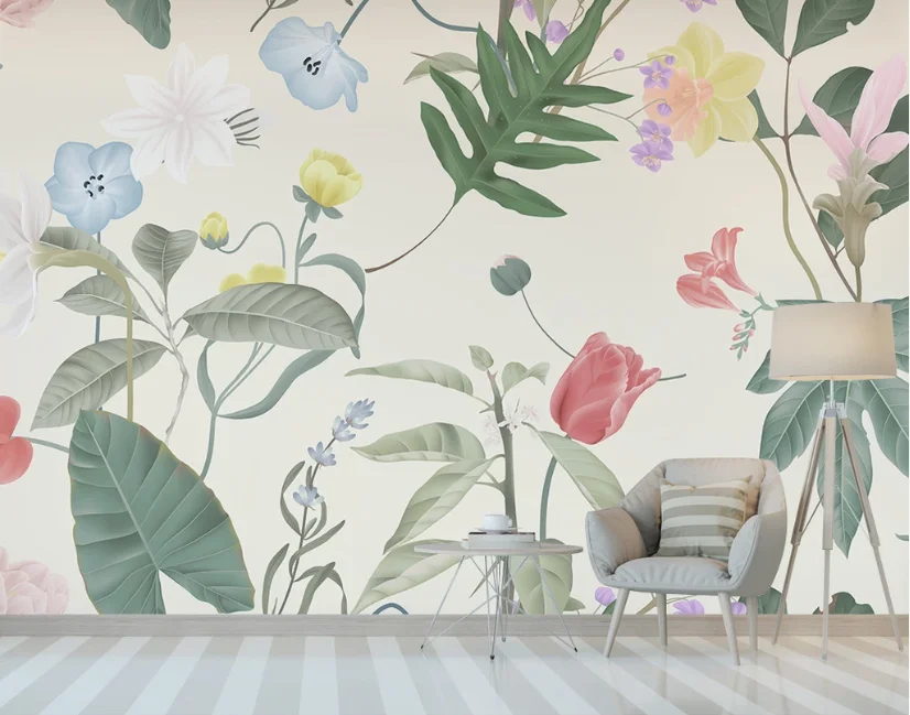 

Custom Nordic Hand Painted Watercolor Plant Flowers Mosaic Bedroom Background Wallpaper Mural