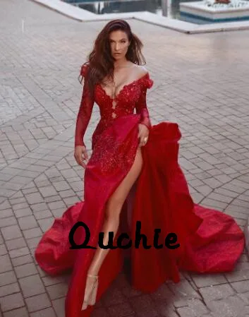 

High Slit Off Shoulder Evening Dresses Court Train Red robe soiree Islamic Dubai Kaftan Saudi Arabic Prom Gown