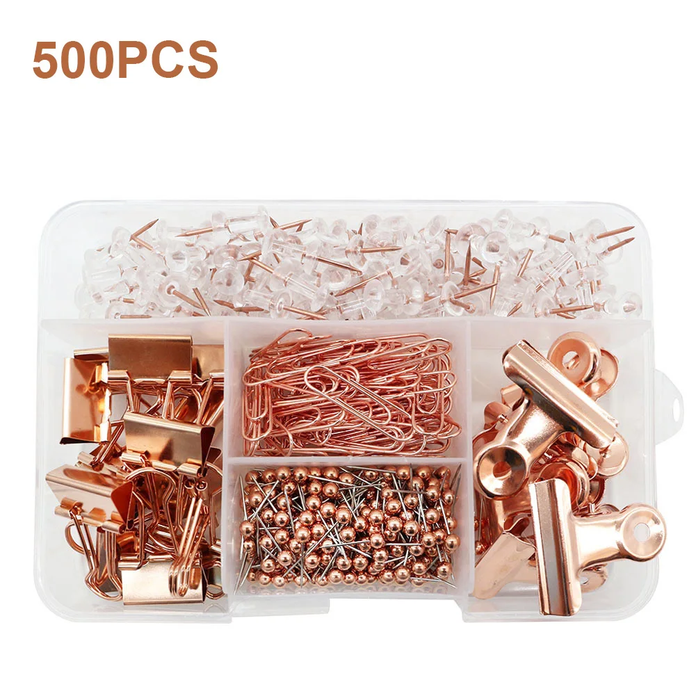 

500PCS Rose Gold Office Stationery Set, 100Pcs Push Pins+80Pcs Paper Head Cloth Storage Home Accessories