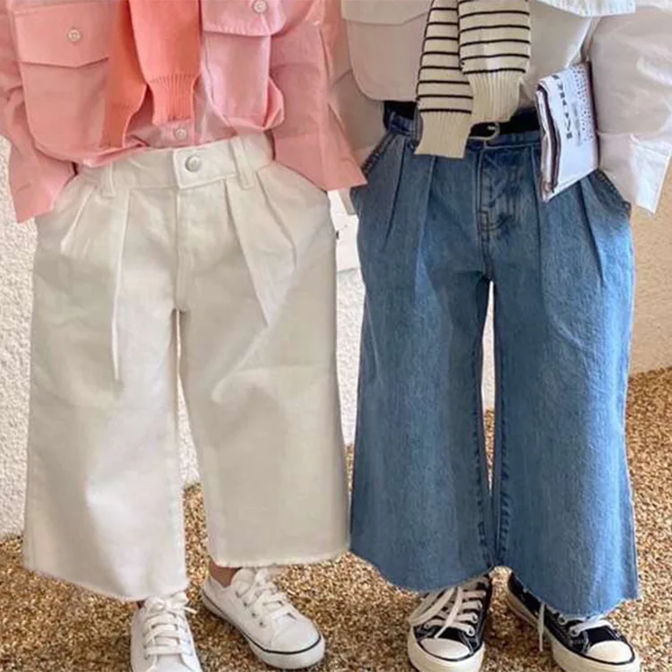 

Детские брюки в Корейском стиле, простые широкие прямые потертые джинсы с прямыми штанинами для мальчиков и девочек, для весны и лета