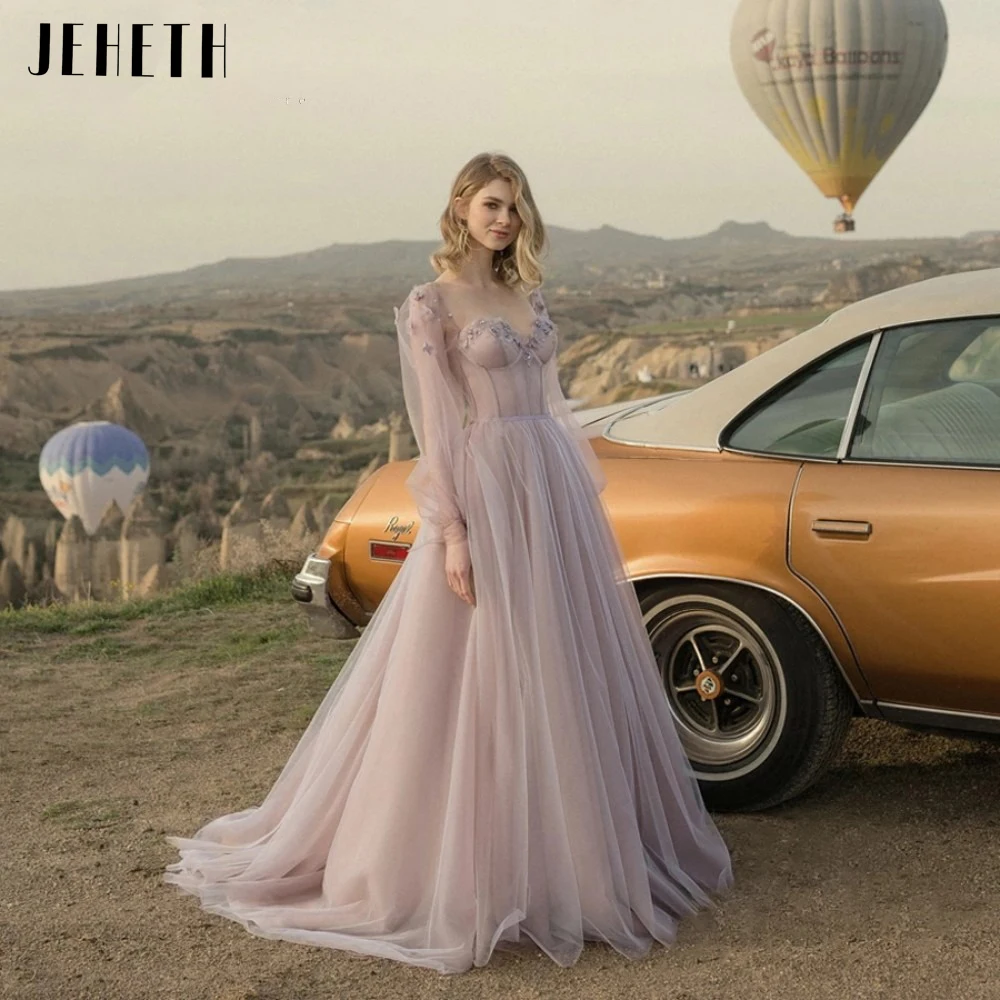 

JEHETH Sweetheart Long Puff Sleeves Tulle Appliques Prom Dresses A Line Lace-up Backless Party Gown Sweep Train robes de soirée
