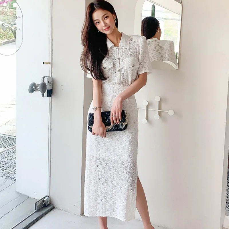 

Sexy Single-Breasted Lace 2 Pieces Set Women 2021 Summer OL Short Sleeve Hollow Out Beading Button Blouse Top & Long Skirts Set