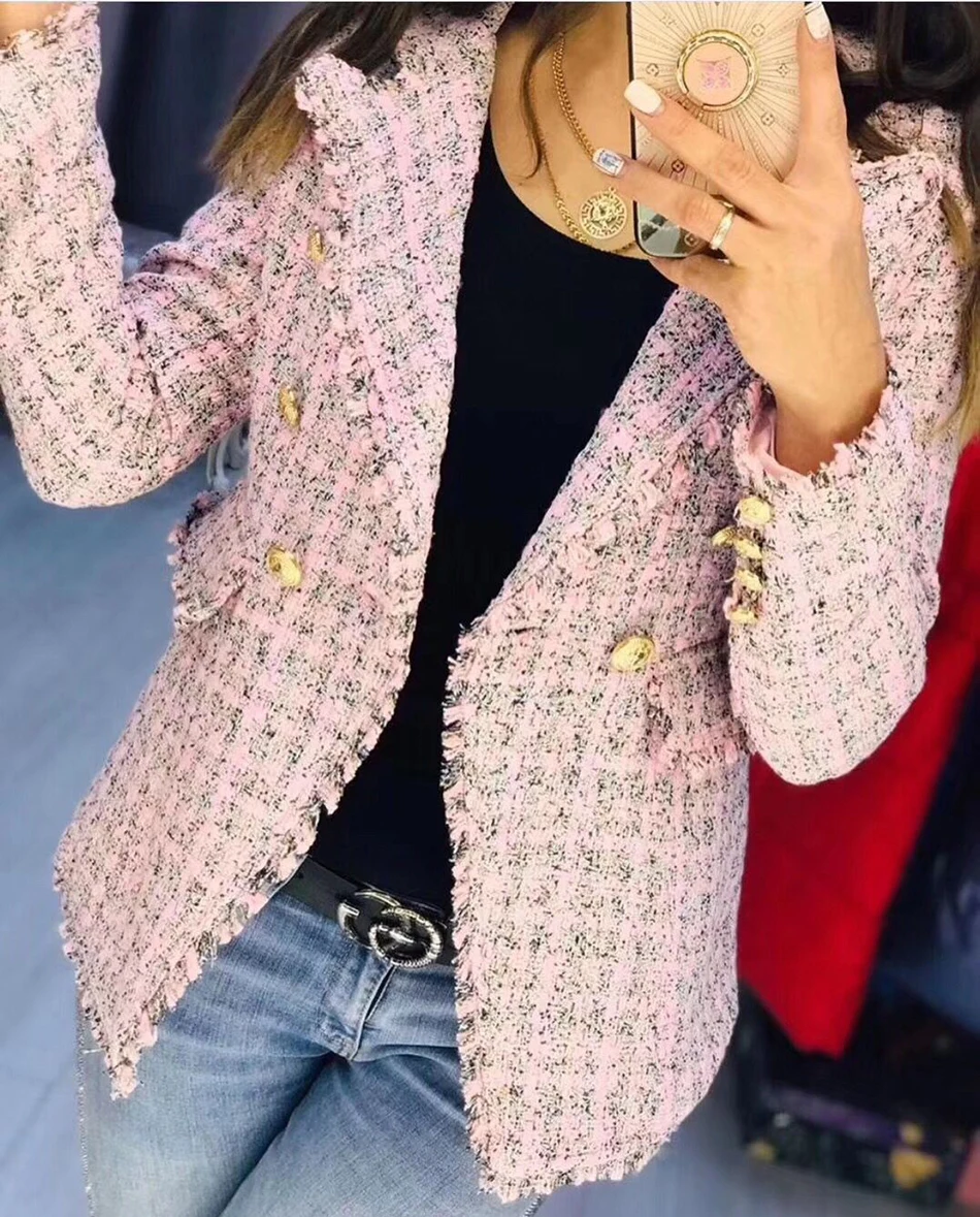 Модное клетчатое Женское пальто с длинным рукавом двубортное облегающее