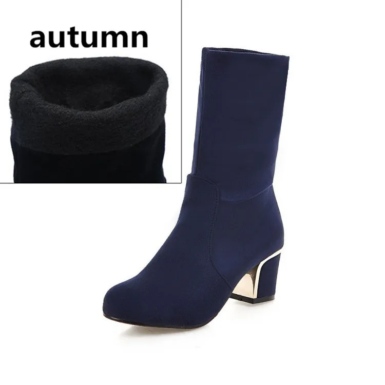 blue normal YMECHIC/Коллекция года; сезон осень-зима; складывающиеся ботильоны из флока без застежки на высоком квадратном каблуке; женская обувь; цвет черный, синий; большие размеры - Цвет: blue normal
