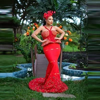 sexy red mermaid evening dresses aso ebi style with straps lace handmade flower appliques beaded formal event prom gowns