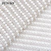 junao 2440cm self adhesive white pearl rhinestone mesh trim crystal fabric pearl applique strass ribbon for clothes jewelry