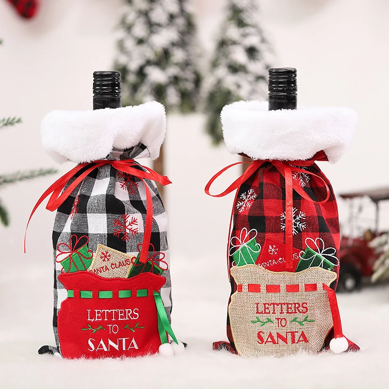 

36x16CM Christmas Wine Sleeve Lattice Plush Wine Bottle Sleeve New Year Party Champagne Pocket Home Table Decoration