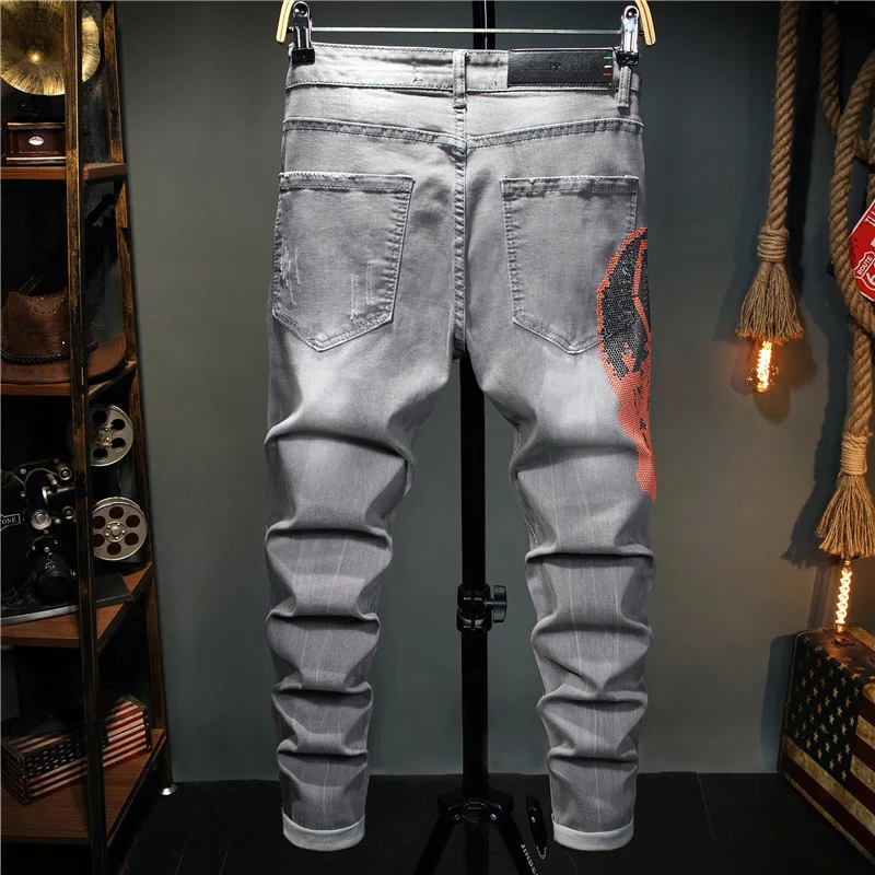 

PP Skull Fall/Winter Men Jeans Tattered Pencil Slim-Fit Man Pants Casual Gray Rhinestone Tight Stretch Pants Plein Jeans