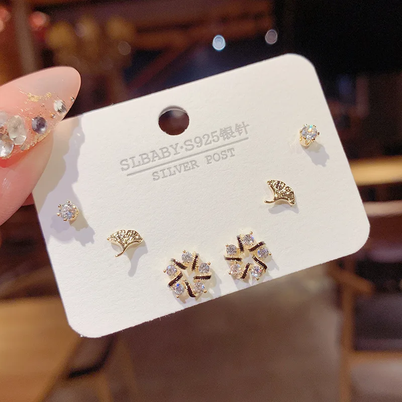 

S925 needle Women Earrings Women Accessories Micro-inlaid Zircon Short Hair Earrings Wild Simple Three-piece Earrings Wholesale