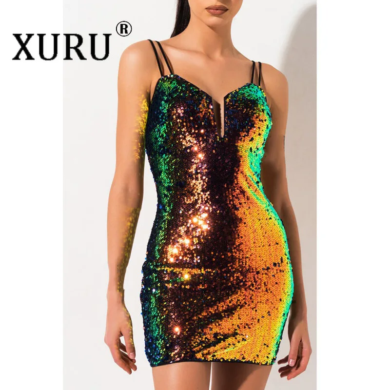 

XURU Sequin Gradient Women's Strap Sexy Slim Package Hip Dress 2020 Strap Flash Diamond Sexy Nightclub Dress