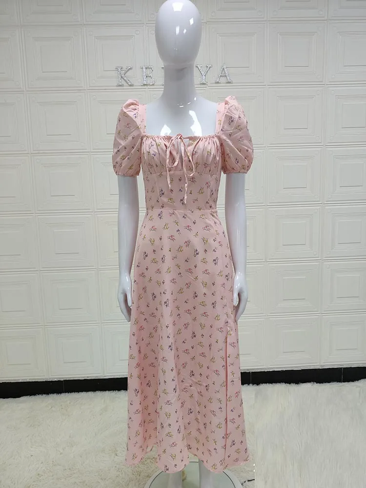 

FAKUNTN Floral Print Maxi Dresses Women 2021 Fashion Puff Sleeve Party Beach Holiday Summer Vintage Bodycon Dress Vestidos