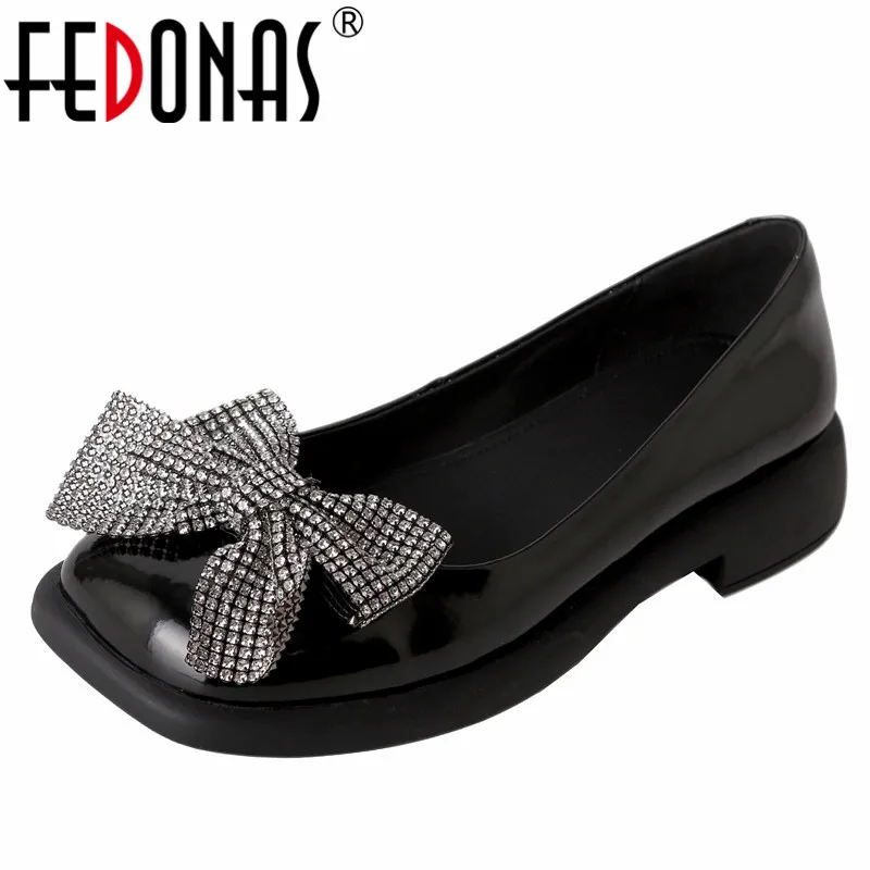 

FEDONAS Sweet Women Pumps Square Toe New Rhinestone Butterfly-Knot Low Heels Spring Summer Casual Genuine Leather Shoes Woman