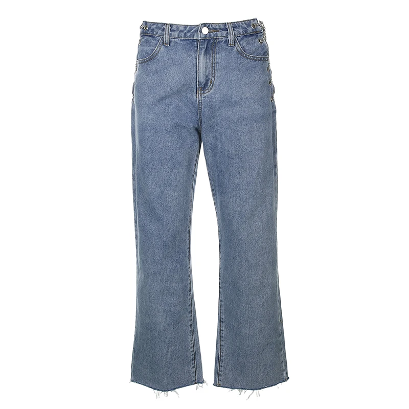 

Sexy Chain Denim Wide Leg Jeans Women Summer 2020 Korean Fashion Hollow Tassel High Waist Baggy Jeans Blue Harajuku Streetwear