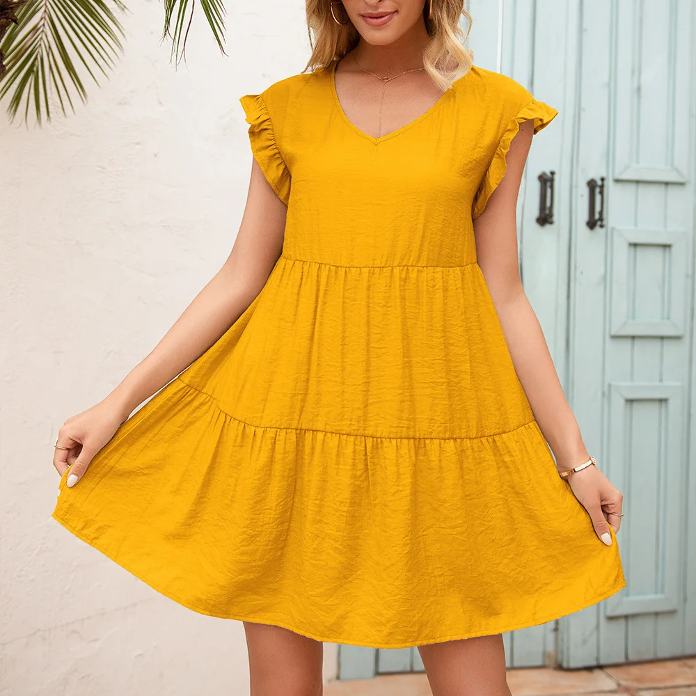 

Summer new style European and American women's dress loose V-neck fungus sleeve dress women plus size women clothing
