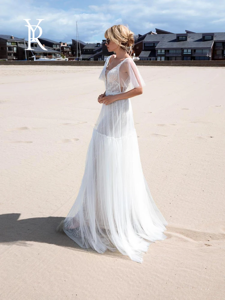 

YILIBER Lace wedding dress simple small fresh wedding gown short sleeve short sleeve lace tailing plus size