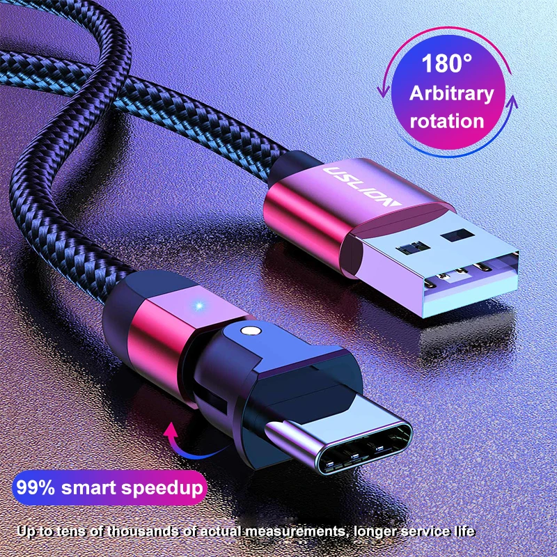 Кабель USB Type C с поворотом на 180 ° 3 А светодиодный кабель для iPhone X XR XS MAX Samsung S9 S10 Huawei