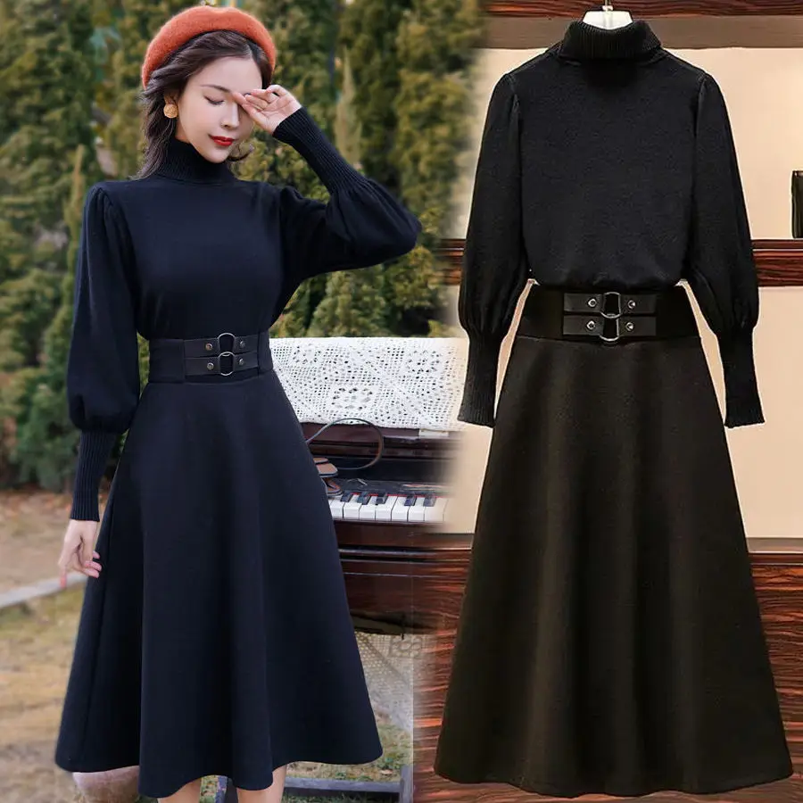 

Women 2021 Autumn Winter Two Pieces Sets Female Loose Casual Knitted Pullover Sweater +High Waist A-Line Skirt 2 Piece Suit