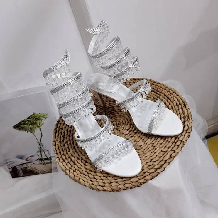 Роскошные свадебные женские босоножки Стразы со стразами и змеиным ремешком на