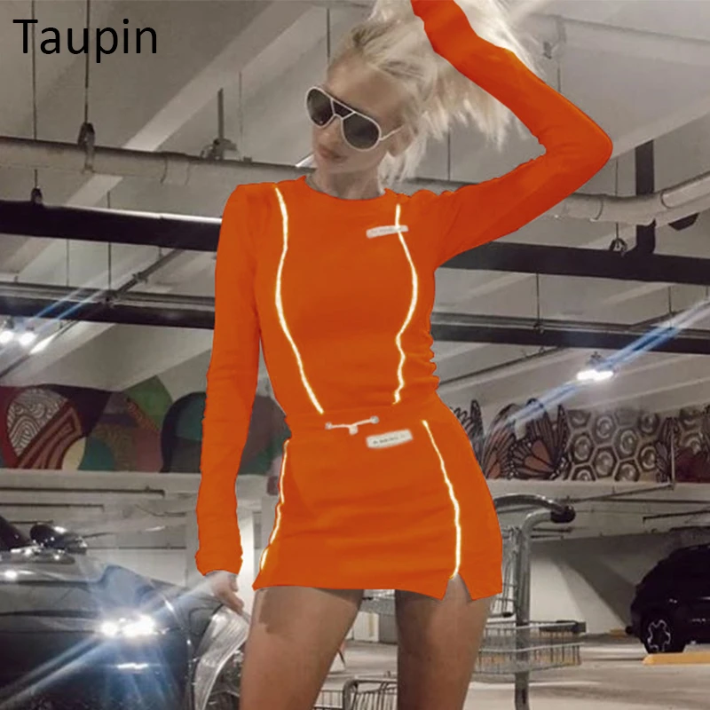 Taupin женский модный светоотражающий полосатый лоскутный комплект из двух предметов белый короткий топ с длинным рукавом Нижняя юбка спортивный костюм