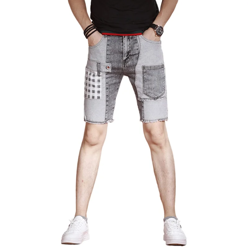 Summer Men Gray Denim Shorts Fashion Printed Patchwork Short Jeans