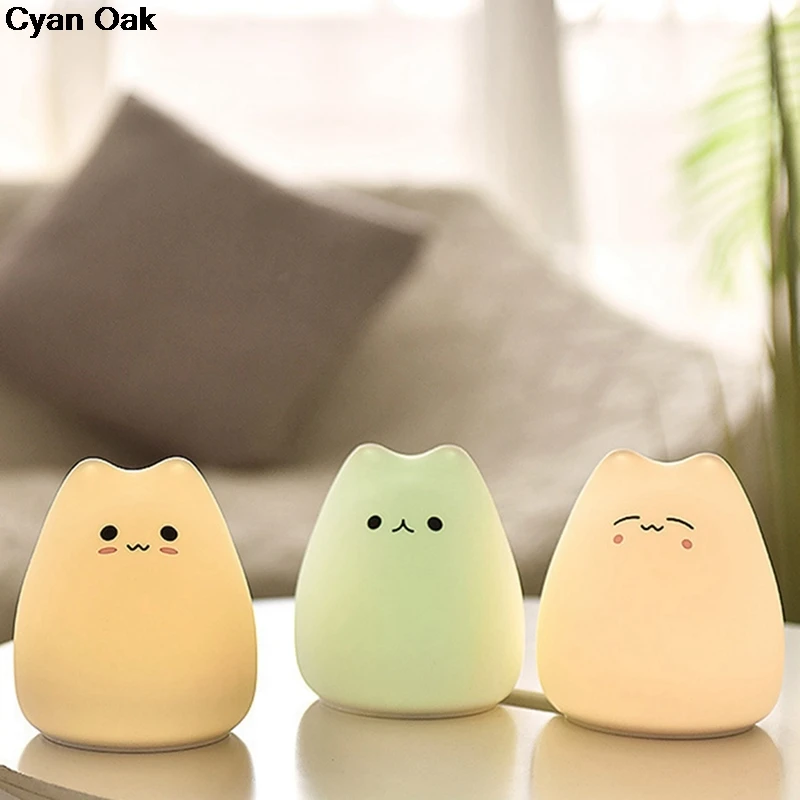 

One PC LED Colorful Night Light Animal Cat Silicone Soft Cartoon Baby child Nursery Lamp for Children Gift