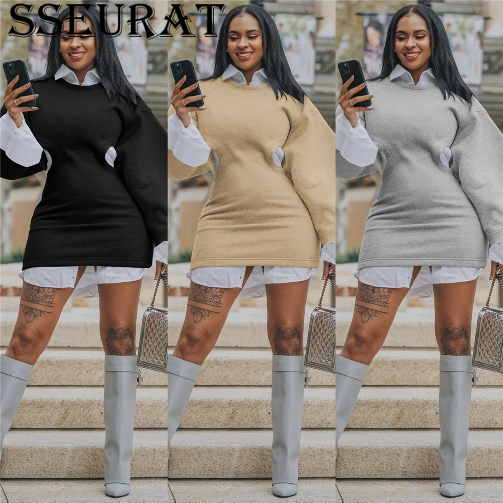 

SSEURAT Women Long Sleeve Side Cut Out Sweatshirt Dress Winter Solid Casual Mini Dresses