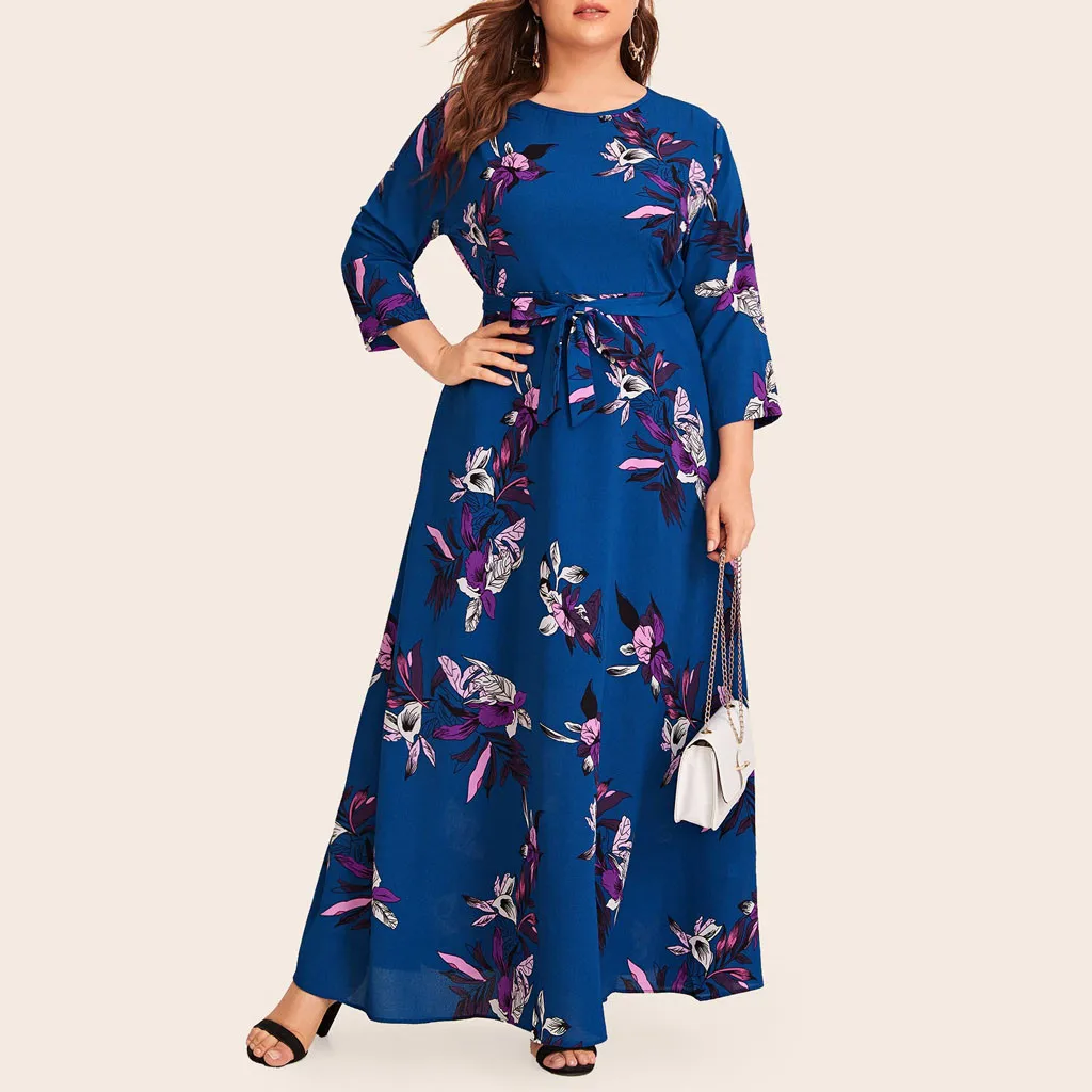 MISSOMO Plus Size 5XL dress Women maxi dress Casual Floral Print O-Neck Long Sleeve Bandage long Dress with belt vestidos 813
