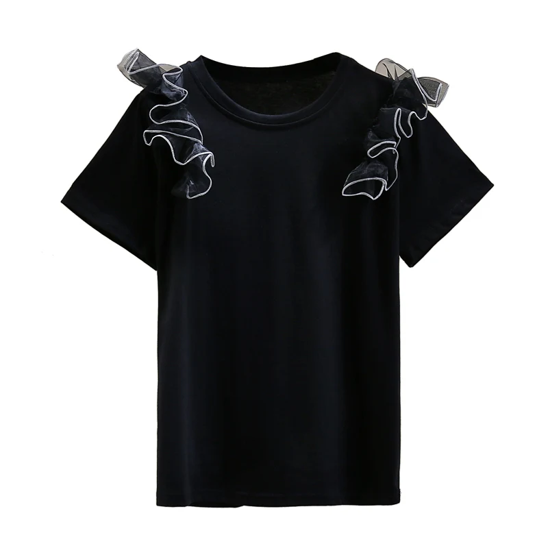 

Woman Summer Tshirt Fashion Design Personality Ruffled Stitching Casual Short-Sleeved T-shirt Ladies Tops Students T Shirt Tees