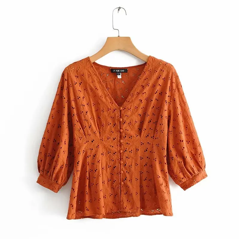 Женская винтажная блузка с вышивкой Повседневная Блузка v образным вырезом