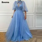 Женское вечернее платье в горошек Booma, небесно-Голубое Прозрачное платье трапециевидной формы с рукавами-фонариками и аппликацией на воротнике, с поясом и бантом