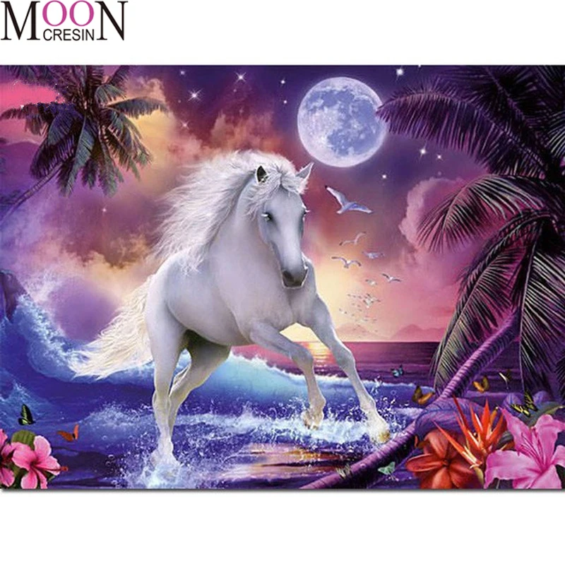 

Animal 5D Diy Diamond Painting White Horse Diamond Mosaic Full Square Round Diamond Embroidery Cross Stitch Rhinestone