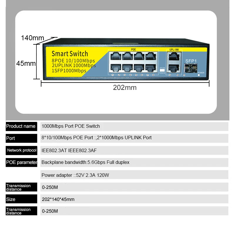Сетевой коммутатор POE Gigabit 48 В 2 порта 1000 Мбит/с 8 портов 1 SFP 802 3 af/at ethernet для IP