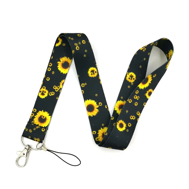 

Black Sunflower Print Keychain Lanyards For Keys Mobile Phone Straps Hanging Rope ID Card Badge Holder Keycord Webbing Ribbon