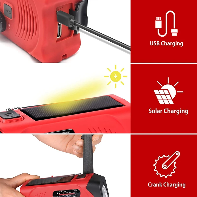 Аварийная погода AM/FM NOAA Солнечная энергия ed Wind Up радио с SOS 2000MAh внешний