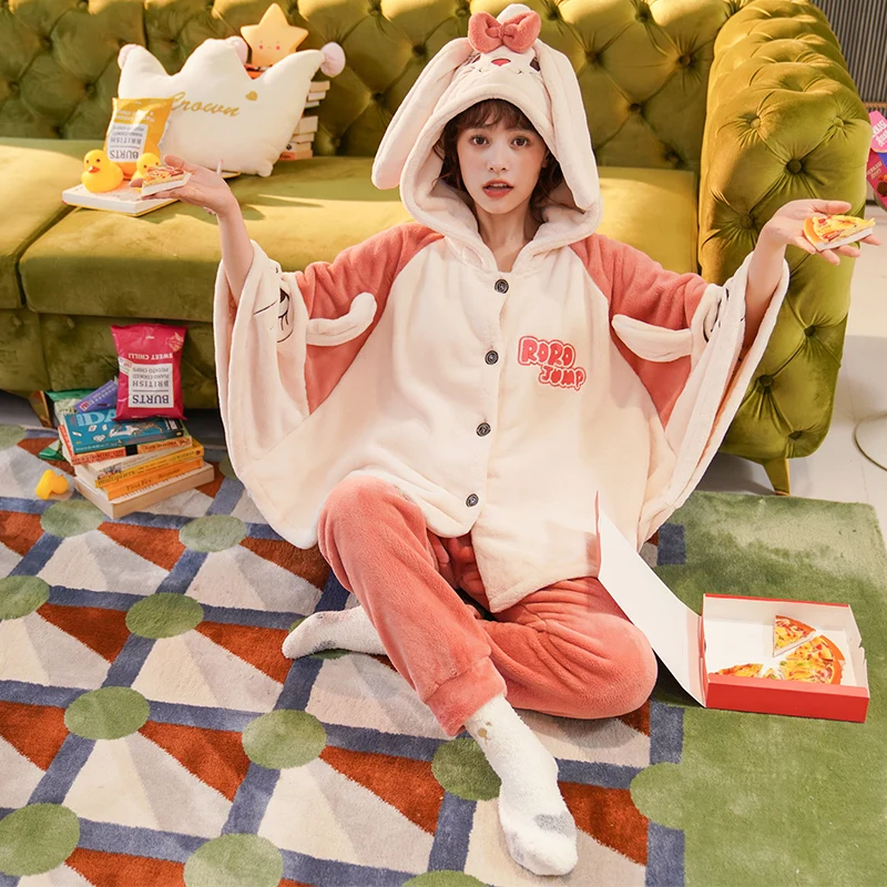 Winter Pyjamas Women Sleepwear Coral Fleece Nightgown Flannel Pajamas Loose Version Hooded Batwing Keep Warm Intensification