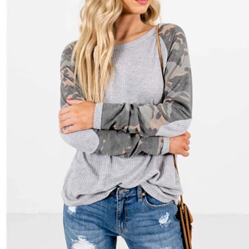 Модные новые футболки для женщин с камуфляжным принтом длинным рукавом