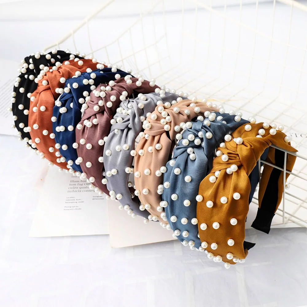 

Fashion Pearls Hair Hoop Cloth Knotted Headband For Women Girls Accessories Solid Color Hairband Korean Headwear Boho Head Wrap