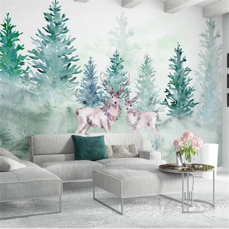 

wellyu Customized large mural painter small fresh minimalist nordic style abstract woods elk hillside background wallpaper