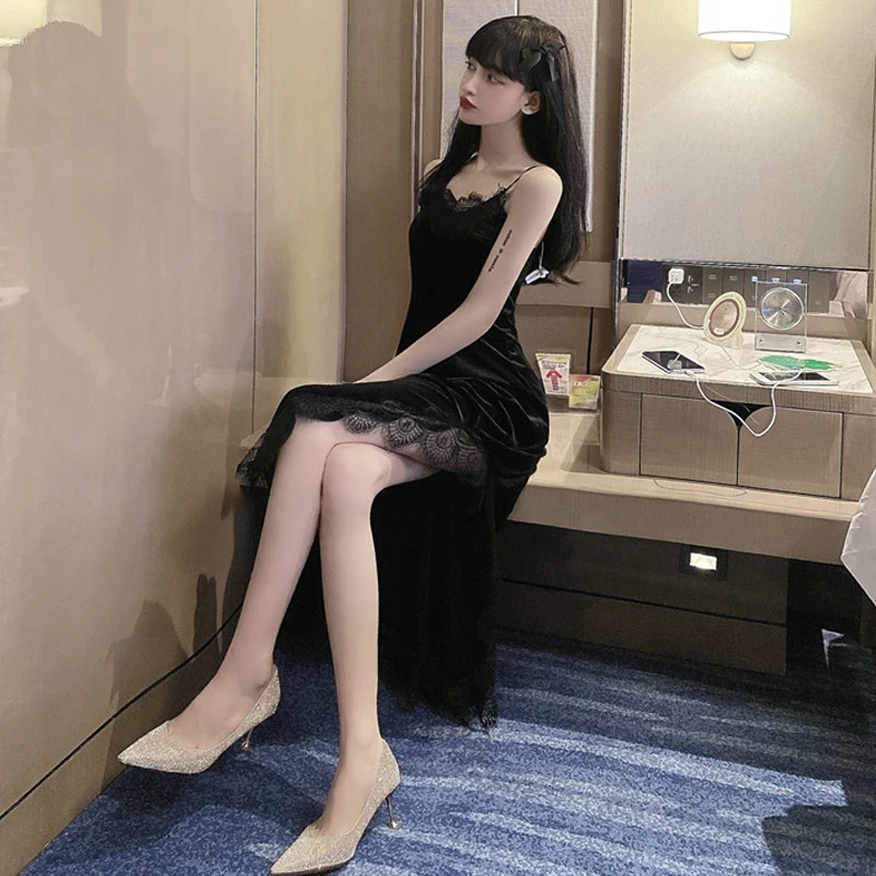 

Sexy Women Lace Sling Long Dress Sleeveless V-neck Split Velvet Black Party Woman Dress Vestido Feminino