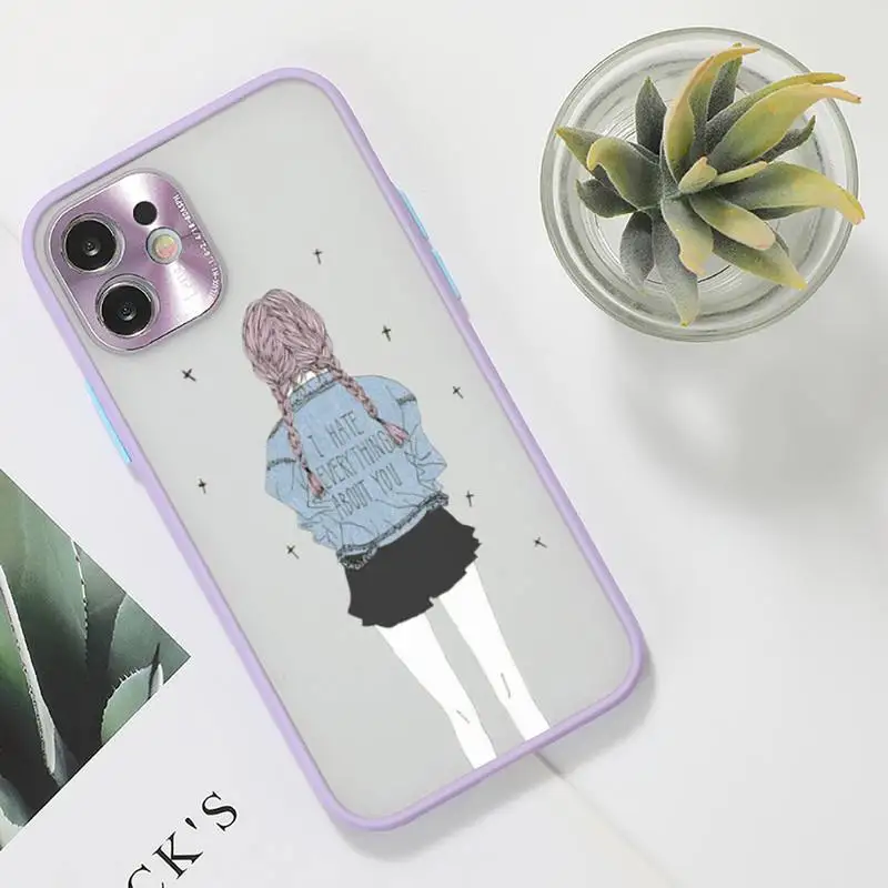 

Cute girl beauty back Beautiful Phone Case For iPhone 12 11 Mini Pro XR XS Max 7 8 Plus X Matte transparent Purple Back Cover