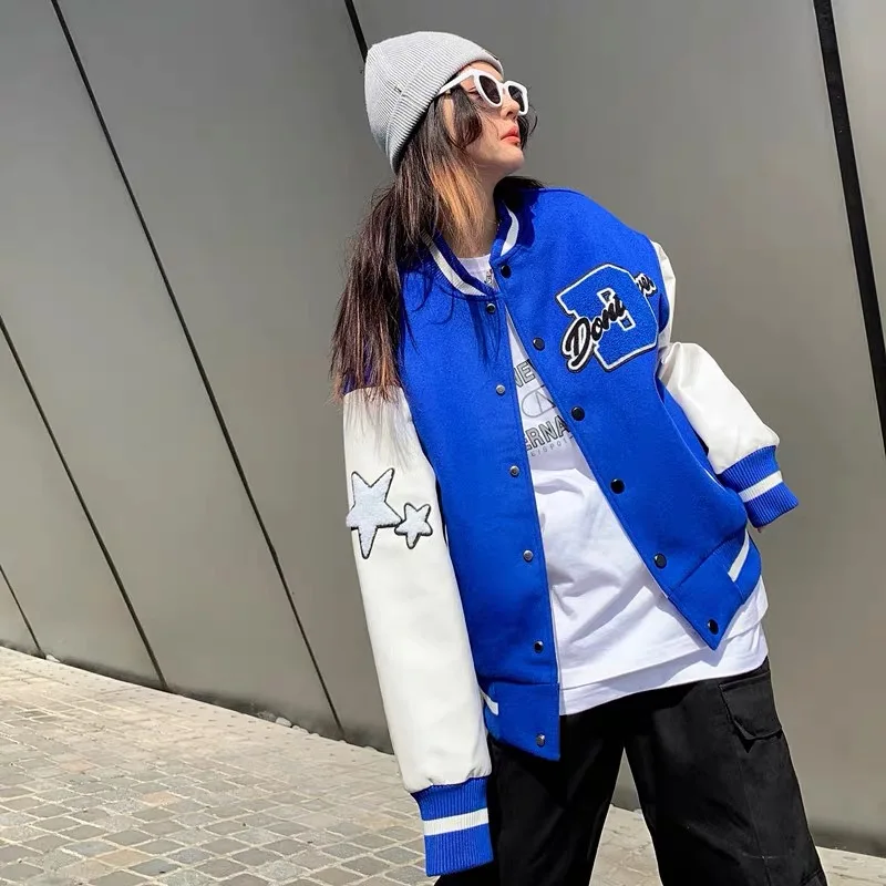 

B letter baseball uniform jacket female new high-quality streetwear loose couple retro clothes men and women oversized jacket