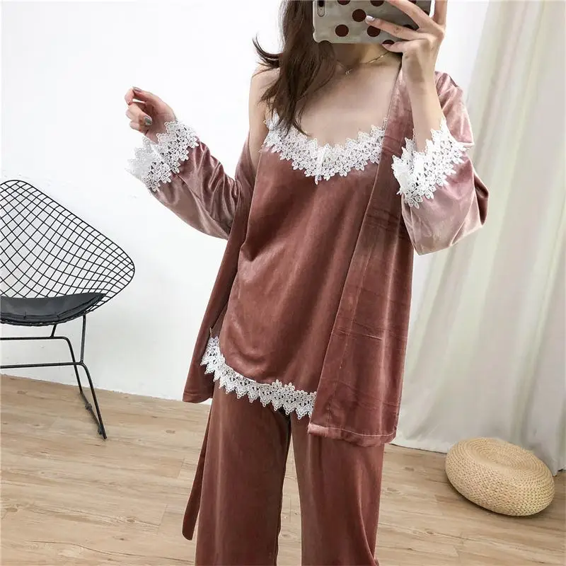 Style 989-C Бургундия Весна велюровые пижамы наборы женские 3 шт ремень Топ брючный костюм повседневная домашняя ночная рубашка сексуальный халат - Цвет: Style 989-C