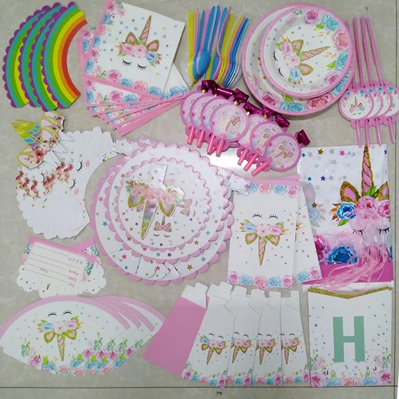 Розовый Единорог праздвечерние чные принадлежности Декор баннер тарелки