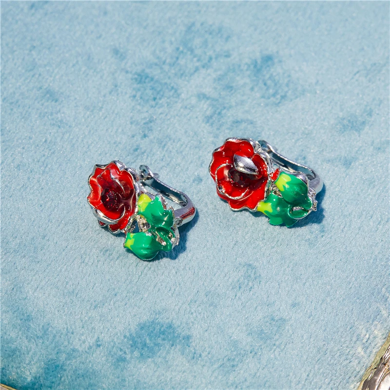 

Fashion Popular Romantic Exquisite Charming Red Flower Green Leaf Earrings Feminine Temperament Elegant Charm Jewelry Gift