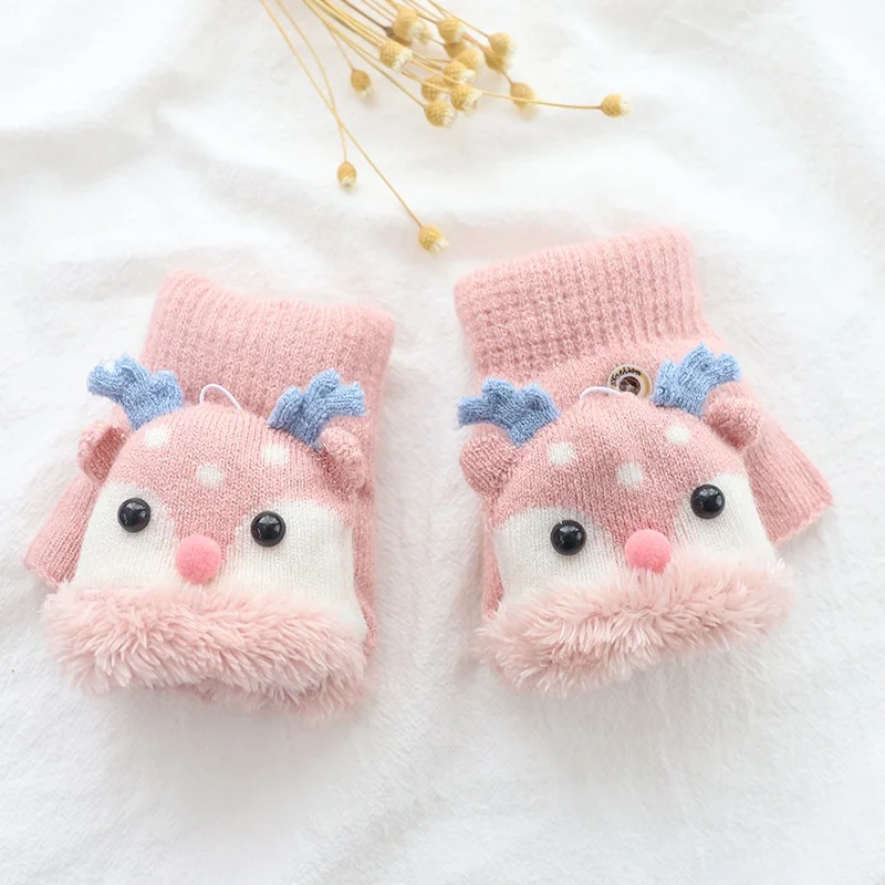 От 4 до 8 лет зимние детские вязаные перчатки с рисунком лося открытыми пальцами